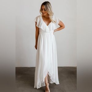 Baltic Born White Katya Ruffle Maxi Dress, bachelorette bridal shower dress